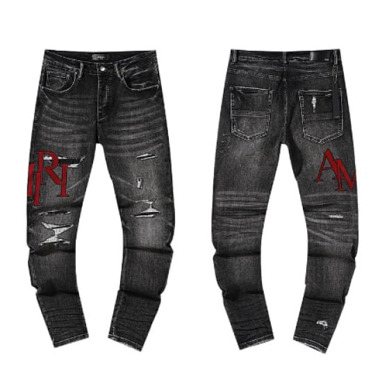 Black Washed Denim Jeans with Red AMIRI Logo and Distressing